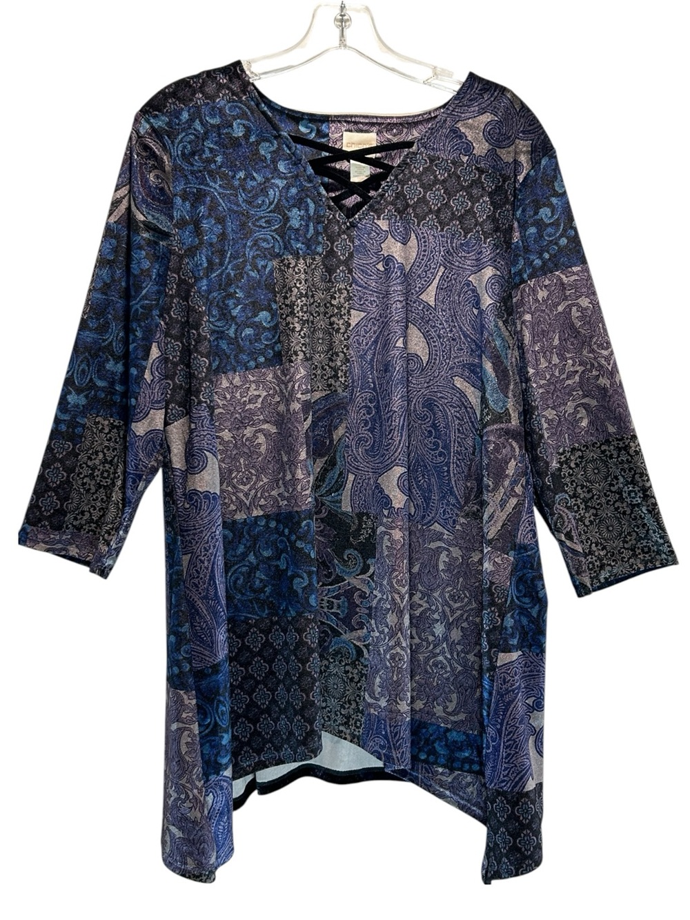 Chico’s Purple & Blue Velour Paisley Tunic, Shark Bite Hem, 3/4 Sleeves - Large